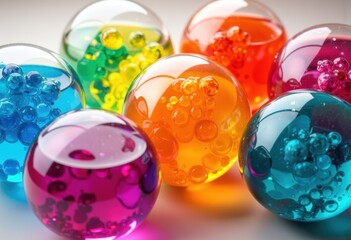 Colorful gel balls with bubbles in various vibrant shades arranged together