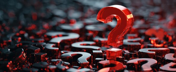 The bold red question mark standing out among dark reflective symbols.
