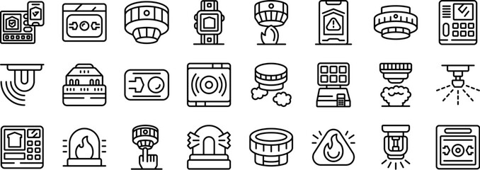 Fire alarm system icons set. Collection of fire safety and alarm system icons in a linear style