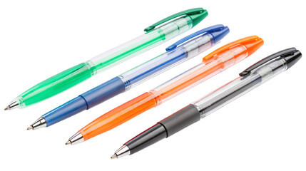 Colorful ballpoint pens set isolated against white background with vibrant hues and metallic accents