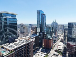 Beautiful Austin downtown with a stunning aerial drone view