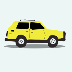 Simple illustration of a yellow vintage SUV, side profile view.