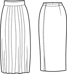 Fashion CAD sketch, pleated skirt, pencil skirt design, technical clothing layout, apparel drawing, stylish vector illustration, garment template, flat view