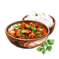 Vibrant Indian chicken curry with fluffy white rice in rustic bowls, garnished with fresh cilantro