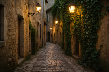 Fototapeta premium Charming narrow alley in a European village, lined with cobblestone paths, ivy-covered walls, and glowing lanterns at dusk