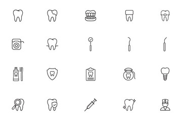 Dental line icon set, collection of dentist, teeth, and oral hygiene symbols in outline style 