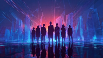 Silhouettes of business people in a futuristic city