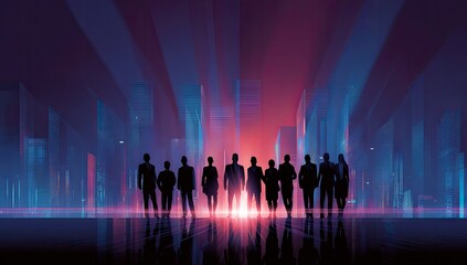 Silhouette figures in front of a futuristic cityscape