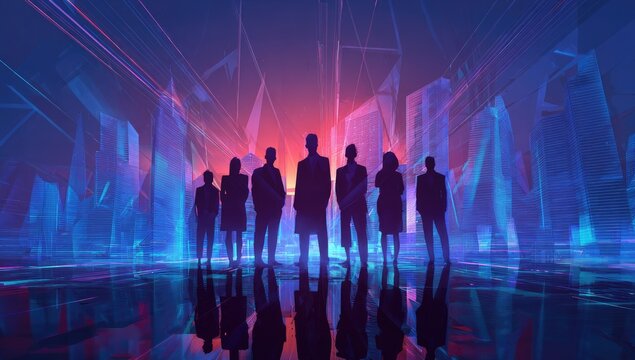 Silhouettes of business people in a futuristic city - Powered by Adobe