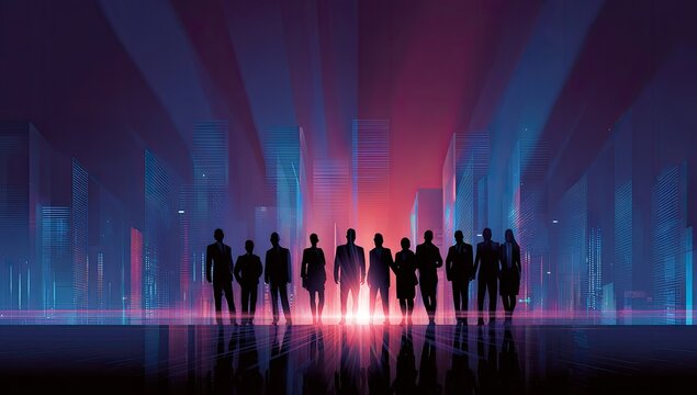 Silhouette figures in front of a futuristic cityscape - Powered by Adobe