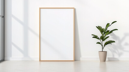 empty picture frame propped against a wall alongside a potted plant, minimalist aesthetic. Natural sunlight illuminates the scene, casting shadows Mockup frame