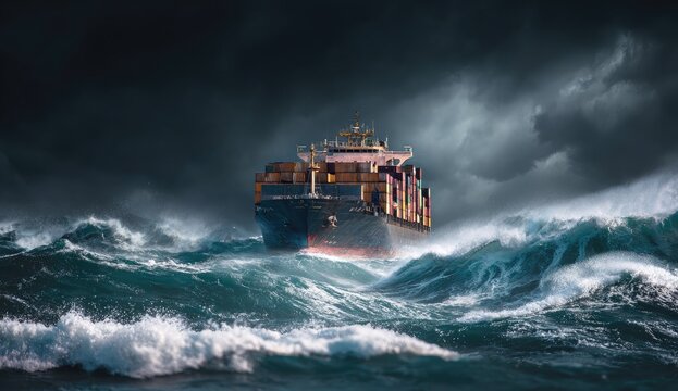Cargo ship battling rough seas