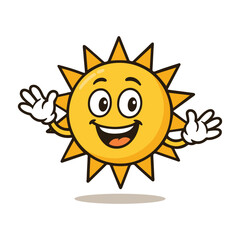 Cute sun cartoon mascot character smiling and waving hello, happy summer vector illustration