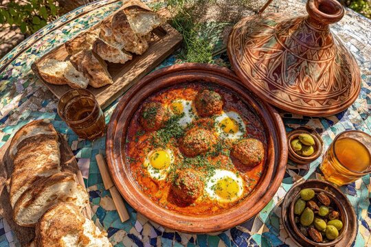 Moroccan Kefta Tagine with Eggs, Rustic Bread, and Olives on a Mosaic Table in Sunny Outdoor Setting, Still Life, Overhead Shot, Bright Colors