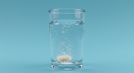 Effervescent Tablet Dissolving in Glass of Water on Clean Blue Background