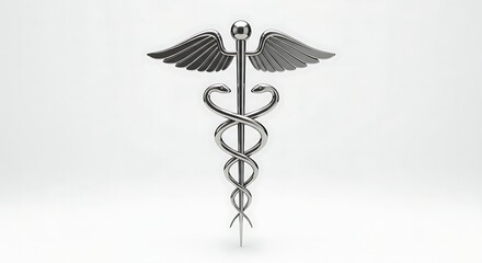 Elegant silver caduceus symbol on white background representing healthcare