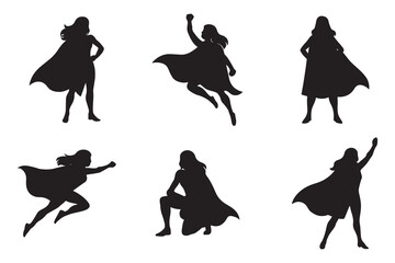 Superhero woman silhouette set, collection of a female hero with a cape in various powerful and flying poses for concepts of strength and empowerment
