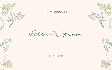 Rustic Hand Drawn Sparrow and Pine Cone Wedding Invitation Template