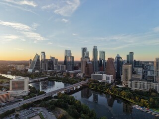 Fototapeta premium Beautiful Austin skyline during sunset with a stunning aerial drone view 