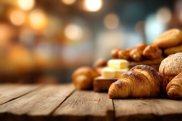 Fresh croissant and assorted bakery bread on rustic wooden table. Delicious breakfast, bakery shop, and pastry food background
