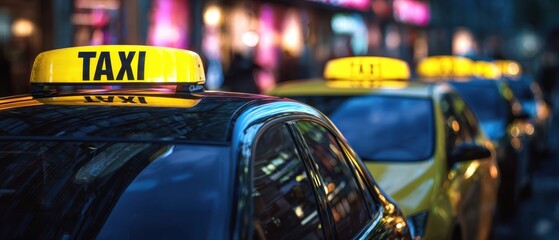 The lineup of taxis illuminated in the bustling city at night.