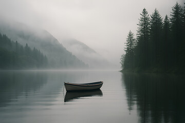 Obraz premium Lonely Boat Floating on a Still Misty Lake Surrounded by Pine Trees and Shrouded Mountains