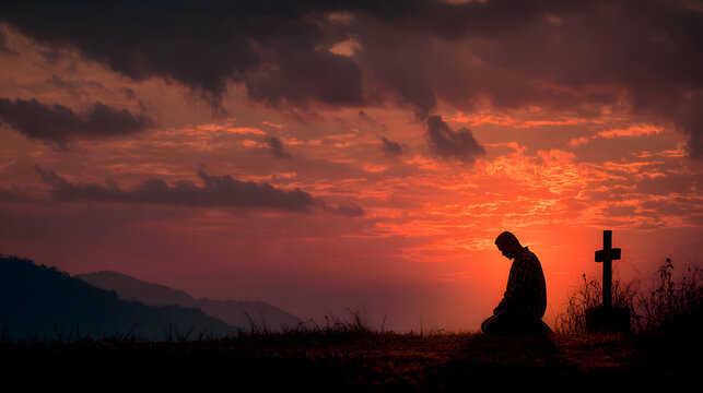 Man praying at cross silhouette at sunset seeking god faith and christianity hope and religion concept