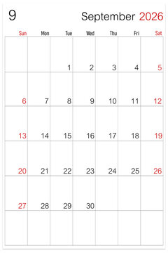 September 2026, calendar page isolated on white background, save clipping path.