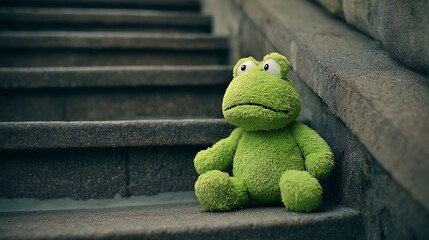 Sad green frog plush toy sitting alone on stairs concept of loneliness sadness and social emotional isolation