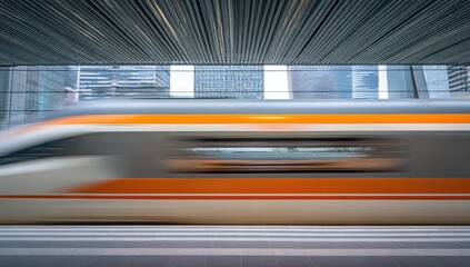 Modern train moving rapidly through urban station