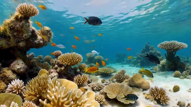 An enchanting underwater scene of a thriving coral reef, teeming with schools of vibrant, colorful fish. Showcases diverse and beautiful marine biodiversity.