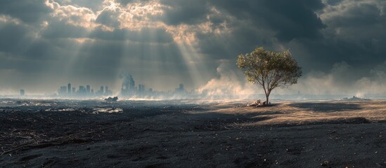 Desolate landscape with a lone tree
