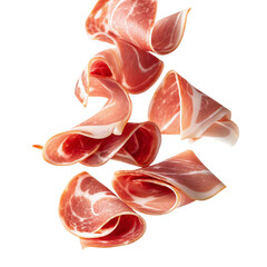 Thinly sliced cured ham with rich marbled texture on black background culinary theme photo