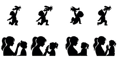Silhouette of children playing with toys and mother caring in nurturing family moments

