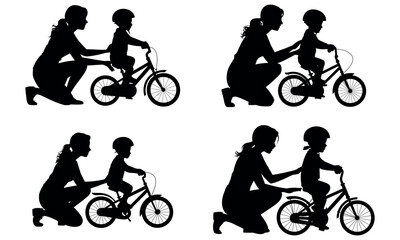 Silhouette of mother teaching child to ride bicycle representing parenting and support
