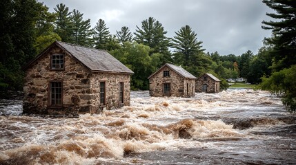 Flooded Stone Buildings: A river overflows, submerging historic stone buildings. The power of nature overwhelms structures amidst a forest landscape.