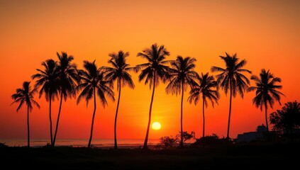 Obraz premium Silhouette of palm trees against vibrant orange sunset sky by the ocean, creating a tropical, serene, and picturesque coastal scene.
