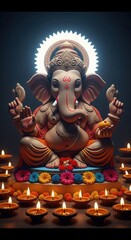 Ganesh Idol Surrounded by Diyas with Divine Glow – Mobile Wallpaper HD for Ganesh Festival