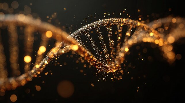 A glowing, abstract representation of a DNA double helix strand composed of golden particles on a dark background.