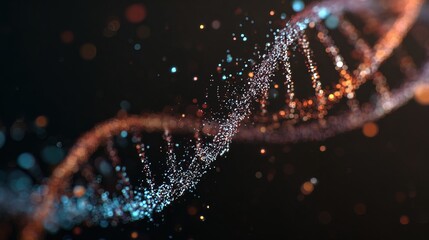 A digital representation of a glowing, abstract DNA double helix structure with particles and light effects on a dark background.