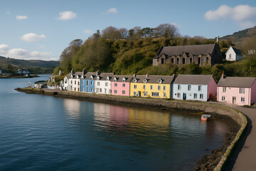 Naklejka premium Colorful Coastal Cottages by the Water with Vibrant Facades Reflecting the Calm Sea