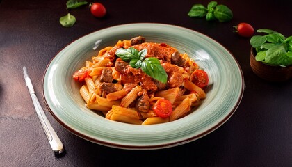hot pasta dish with juicy meat rich tomato sauce and colorful vegetables