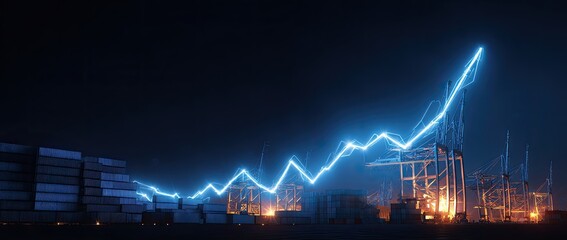 Nighttime port with upward trending graph