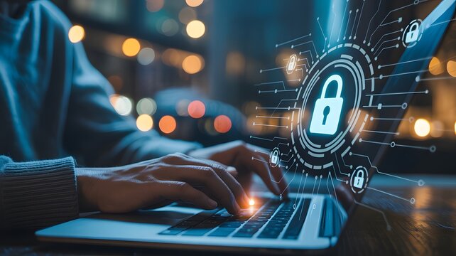 Cybersecurity professional working on a laptop with a glowing digital padlock icon symbolizing data protection