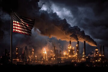 American flag over a polluted industrial complex at night