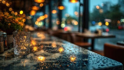Wet marble tabletop with a crystal glass in a dimly lit restaurant on a rainy night, creating a moody, romantic, and atmospheric dining scene.