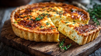 Savory chicken quiche with herbs on rustic wooden board golden crust hearty breakfast scene