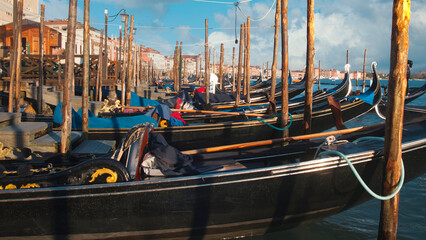 great view of the city across the water in Venice at sunset.