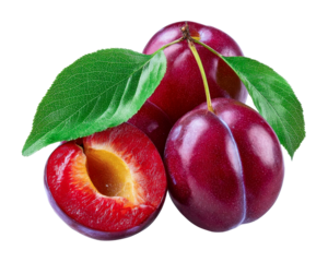 fresh plums with leaves isolated on transparent background.