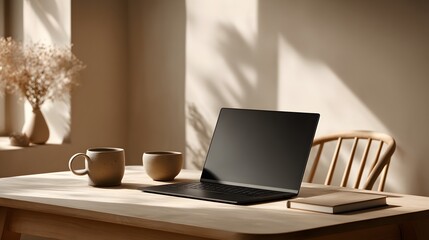 Obraz premium Modern workspace with a laptop, coffee mug, and books on a wooden desk in natural sunlight. Home office productivity and remote work setup